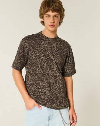 Boxy βαρύ βαμβακερό T-shirt με λεοπάρ μοτίβο