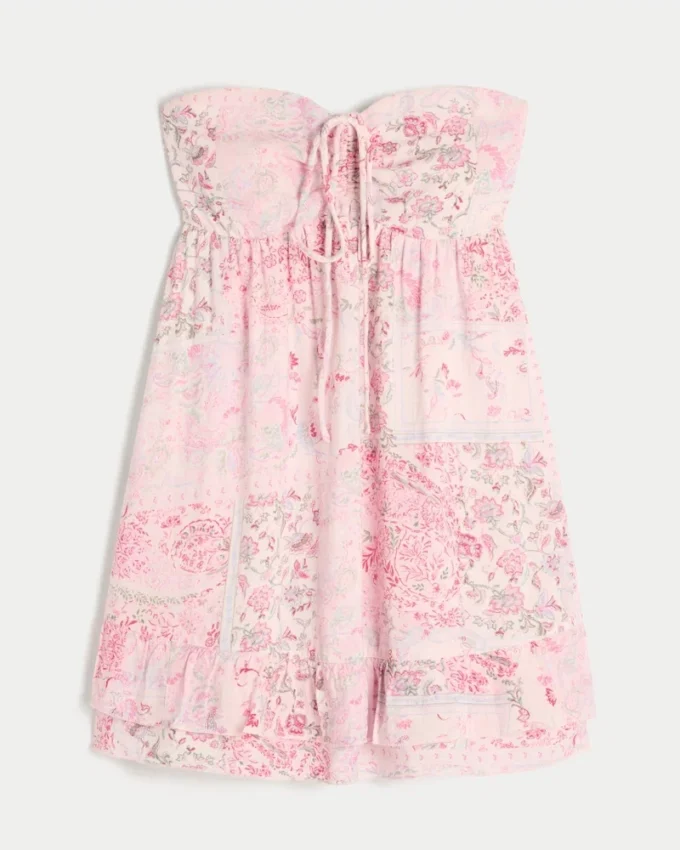 Μίνι φόρεμα babydoll χωρίς τιράντες με βολάν
