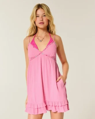 Μίνι φόρεμα Babydoll με διακοσμητικά κορδόνια