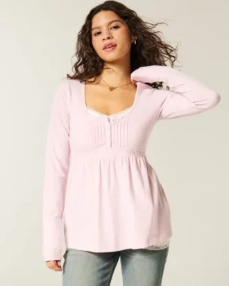 Μπλούζα Henley Babydoll με μακριά μανίκια