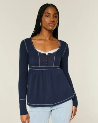 Μπλούζα Henley Babydoll με μακριά μανίκια